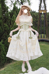 White/Green Letters and Poems to Austen Short Sleeves Print Hollow Lace Sweet Elegant Lolita Dress